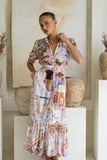 Kasia Beige Lilac Abstract Belted Midi Dress