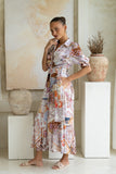 Kasia Beige Lilac Abstract Belted Midi Dress