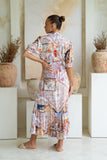 Kasia Beige Lilac Abstract Belted Midi Dress