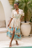 Marisol Beige Blue Abstract Belted Midi Dress