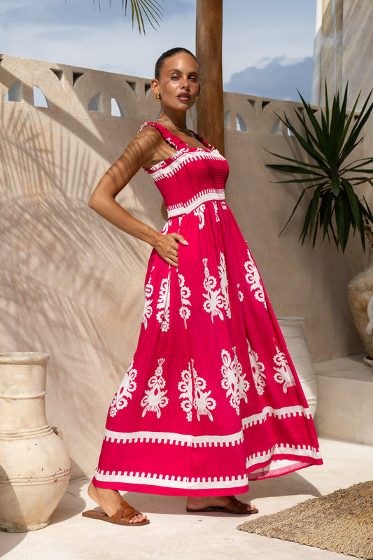 Lula Hot Pink Abstract Square Neck Maxi Dress