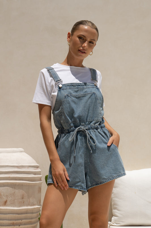 Wren Blue Denim Short Overalls