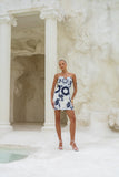 Morgana Beige Navy Floral Sweetheart Strapless Mini Dress