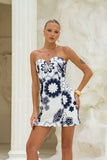 Morgana Beige Navy Floral Sweetheart Strapless Mini Dress