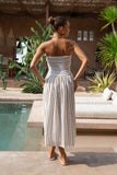 Sena Navy Brown Stripe Strapless Midi Dress