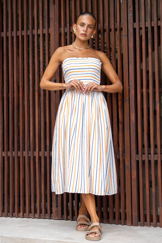 Sena Orange Navy Stripe Strapless Midi Dress