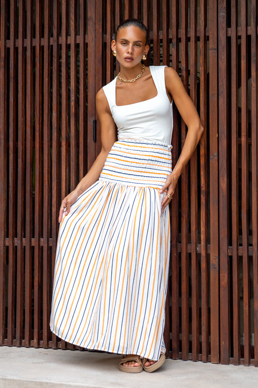 Sena Orange Navy Stripe Strapless Midi Dress