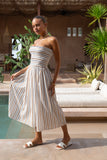 Sena Navy Brown Stripe Strapless Midi Dress