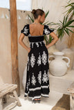 Luna Black Abstract Puff Sleeve Maxi Dress