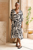 Kaede Black Geo Volume Sleeve Midi Dress