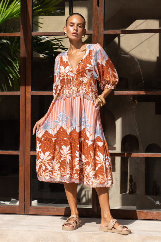 Nari Rust Brown Tropical Volume Sleeve Midi Dress
