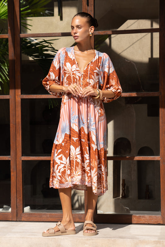 Nari Rust Brown Tropical Volume Sleeve Midi Dress