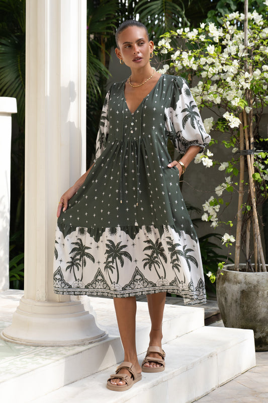 Arletta Green Tropical Volume Sleeve Midi Dress