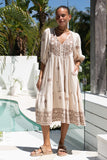 Kaena Brown Tropical Embroidered Volume Sleeve Midi Dress