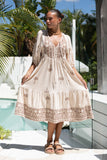 Kaena Brown Tropical Embroidered Volume Sleeve Midi Dress