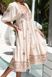 Kaena Brown Tropical Embroidered Volume Sleeve Midi Dress