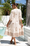 Kaena Brown Tropical Embroidered Volume Sleeve Midi Dress