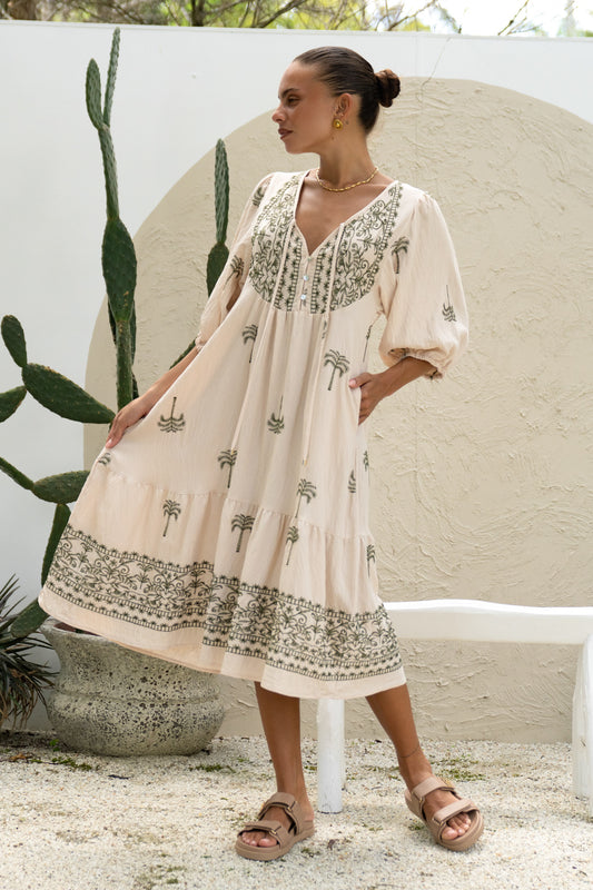 Kaena Beige Green Tropical Embroidered Volume Sleeve Midi Dress