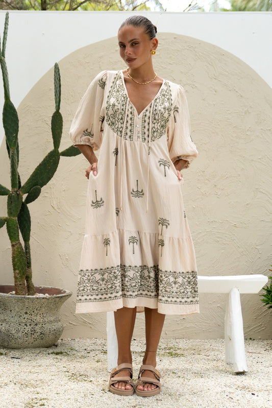 Kaena Beige Green Tropical Embroidered Volume Sleeve Midi Dress