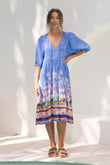 Indira Blue Boho Volume Sleeve Midi Dress