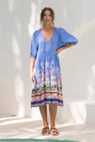 Indira Blue Boho Volume Sleeve Midi Dress