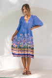 Indira Blue Boho Volume Sleeve Midi Dress