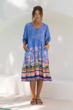 Indira Blue Boho Volume Sleeve Midi Dress