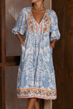 Zephir Blue Boho Volume Sleeve Midi Dress