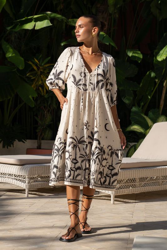 Savani Beige Black Tropical Volume Sleeve Midi Dress