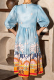 Amalita Blue Tropical Volume Sleeve Midi Dress