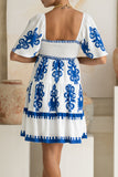 Lunessa White Blue Abstract Tiered Mini Dress