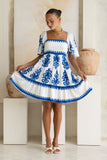 Lunessa White Blue Abstract Tiered Mini Dress