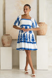 Lunessa White Blue Abstract Tiered Mini Dress