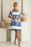 Lunessa White Blue Abstract Tiered Mini Dress