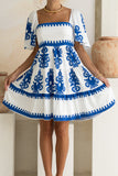 Lunessa White Blue Abstract Tiered Mini Dress