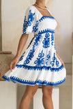 Lunessa White Blue Abstract Tiered Mini Dress