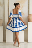 Lunessa White Blue Abstract Tiered Mini Dress