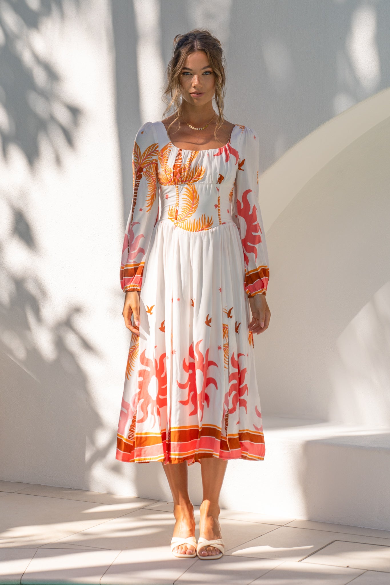 Heychic Soletta Coral Pink Tropical Long Sleeve Corset Maxi Dress, AU 14 Heychic Soletta Coral Pink Tropical Long Sleeve Corset Maxi Dress, AU 14