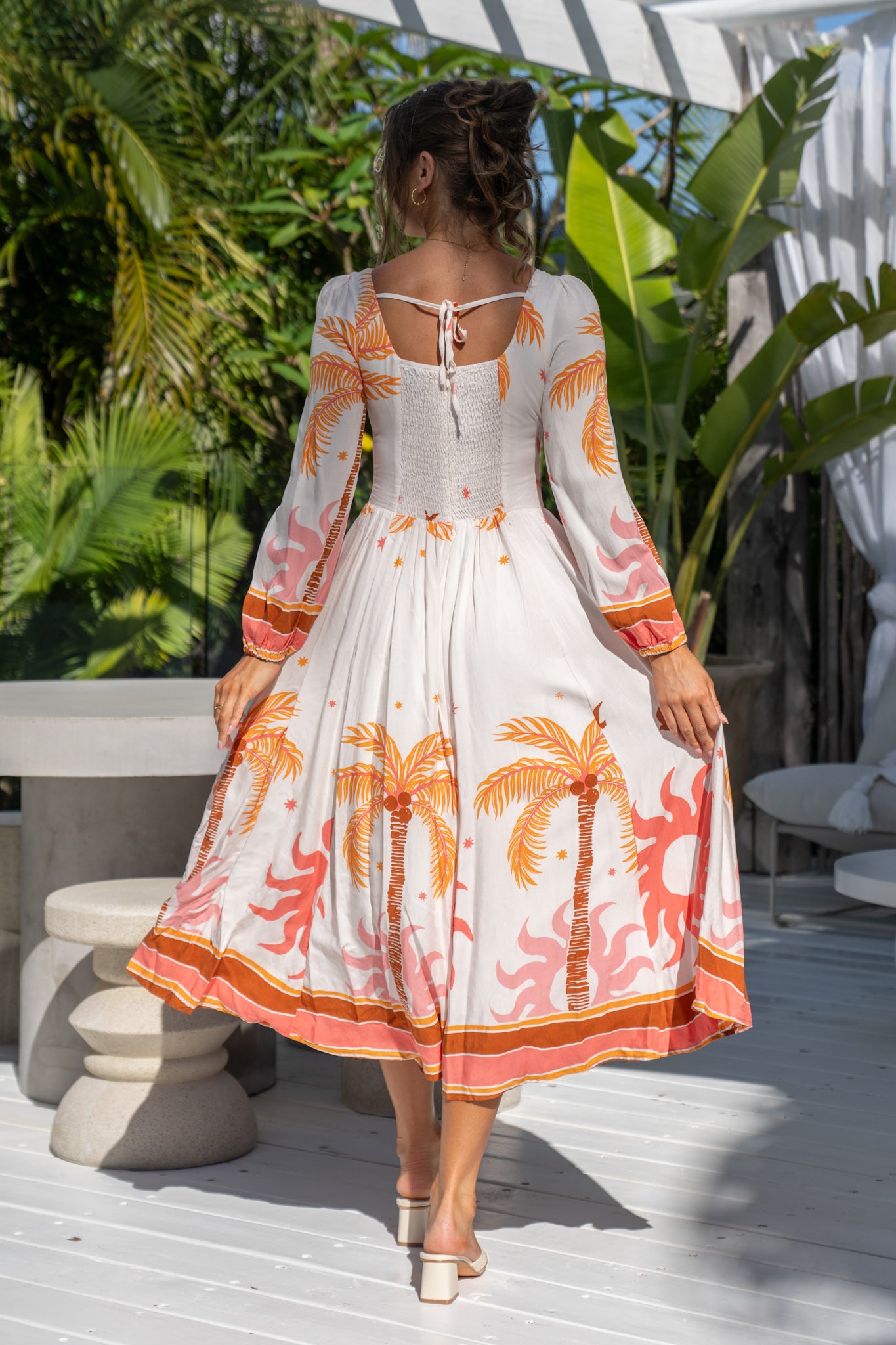 Soletta Coral Pink Tropical Long Sleeve Corset Maxi Dress Soletta Coral Pink Tropical Long Sleeve Corset Maxi Dress