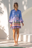 Indira Blue Boho Long Sleeve Pleat Detail Mini Dress