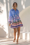 Indira Blue Boho Long Sleeve Pleat Detail Mini Dress