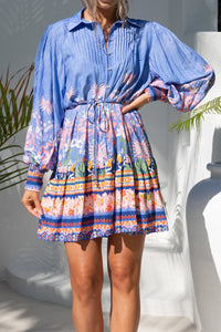 Indira Blue Boho Long Sleeve Pleat Detail Mini Dress