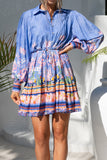 Indira Blue Boho Long Sleeve Pleat Detail Mini Dress