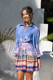 Indira Blue Boho Long Sleeve Pleat Detail Mini Dress