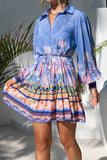 Indira Blue Boho Long Sleeve Pleat Detail Mini Dress