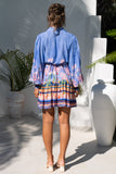 Indira Blue Boho Long Sleeve Pleat Detail Mini Dress