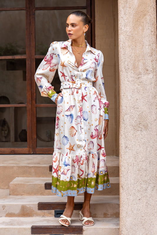 Lauriane Multicolour Abstract Long Sleeve Belted Maxi Dress