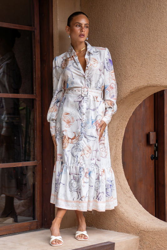 Zodiac Multicolour Abstract Long Sleeve Belted Maxi Dress