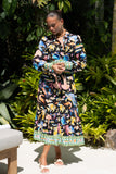 Delmare Multicolour Abstract Long Sleeve Belted Midi Dress