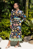 Delmare Multicolour Abstract Long Sleeve Belted Midi Dress